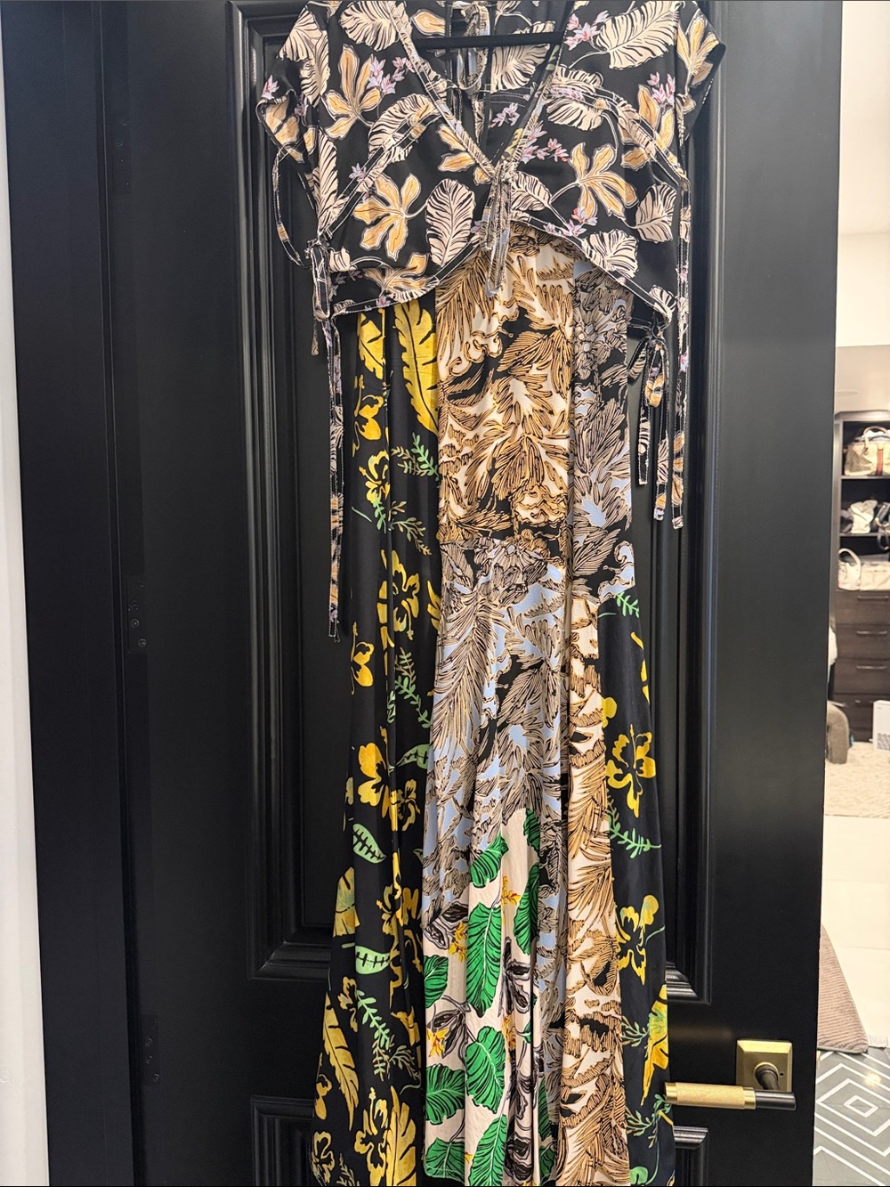 3.1 Phillip Lim Black Maxi Dress with Yellow, Green and Beige Floral Print